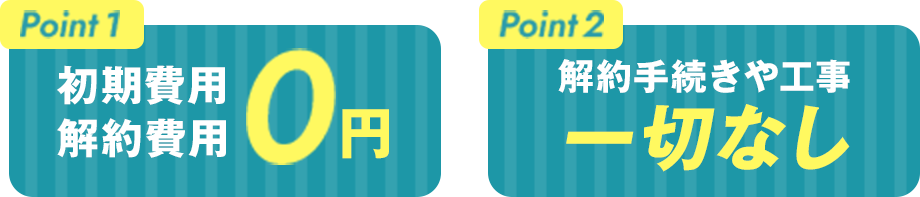 Point 1 初期費用 解約費用0円 Point 2 解約手続きや工事一切なし
